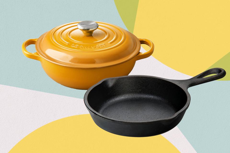 a photo of the Le Creuset Enameled Cast Iron Signature French Oven, 2 1/2-Qt. and the Lodge Fry Pan, both part of the sale