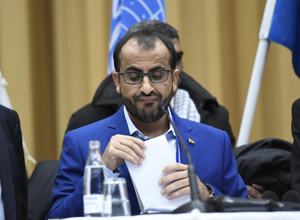 CORRECTS LAST NAME TO ABDULSALAM, NOT AMDUSALEM - Head of delegation for rebel forces known as Houthis, Mohammed Abdulsalam during the Yemen peace talks closing media conference in Rimbo, north of Stockholm, Sweden, Thursday Dec. 13, 2018. The United Nations secretary-general on Thursday announced that Yemen's warring sides have agreed after week-long peace talks in Sweden to a province-wide cease-fire in Hodeida. (Pontus Lundahl/TT News agency via AP)