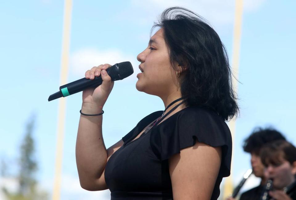 Wendy Rodríguez of Banda de Mariachis Montañeses from McLane High performs ‘Los Barrandales del Puente’ at the High School Mariachi Festival on March 25, 2023 at Ratcliffe Stadium.