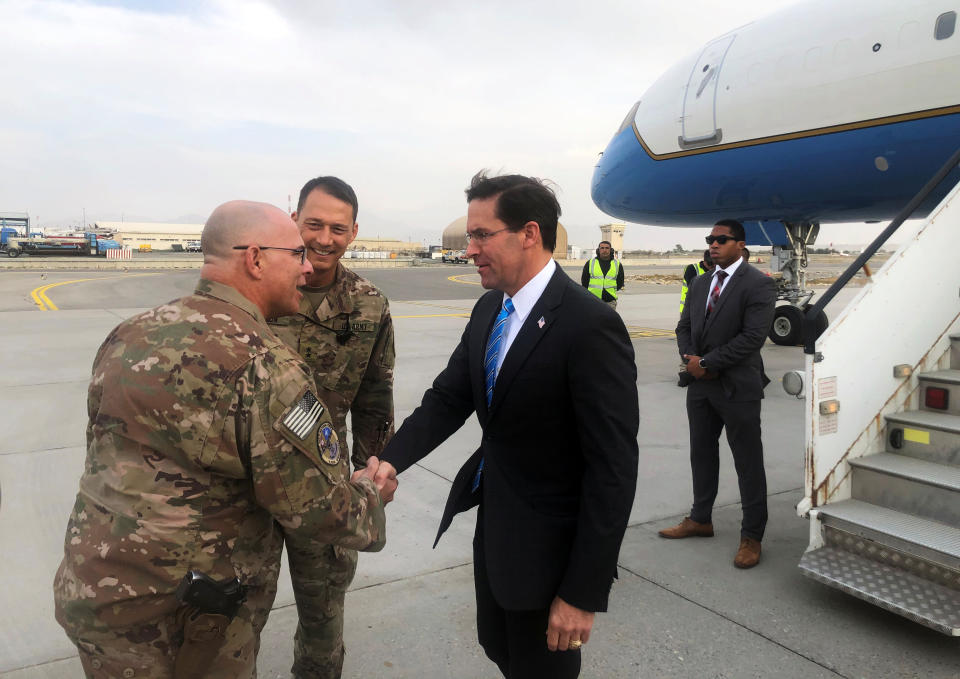 U.S. Defense Secretary Mark Esper arrives in Kabul, Afghanistan, on Sunday. He has said his aim is to resume peace talks with the Taliban. (Photo: Idrees Ali / Reuters)