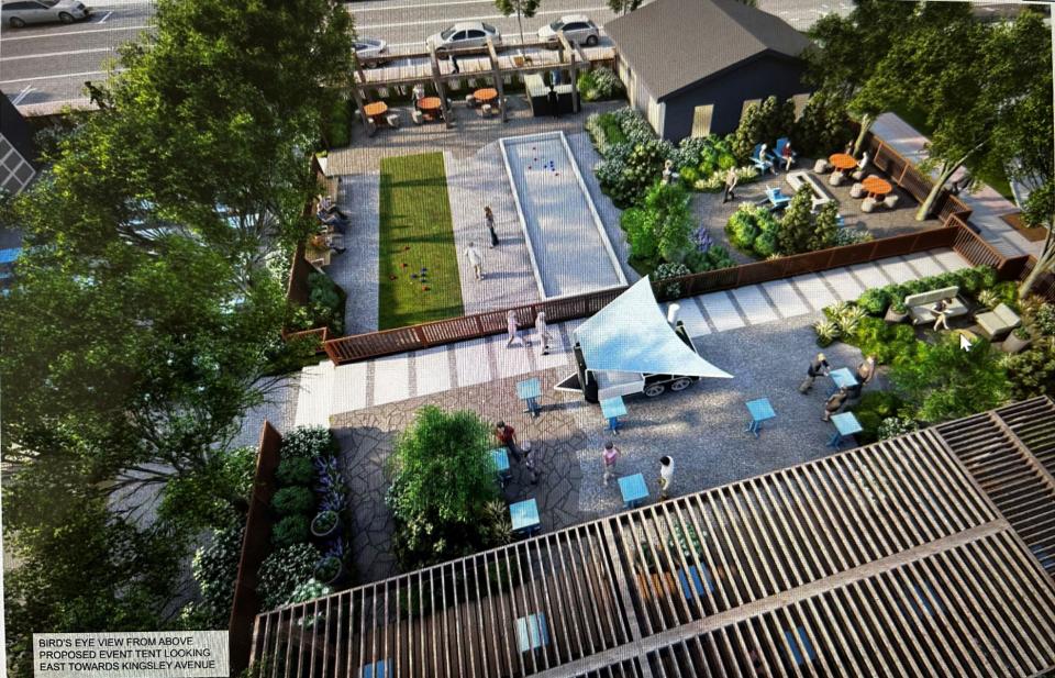 A screenshot of a rendering showing the proposed outdoor space at Porta in Asbury Park, looking east toward Kingsley Avenue.