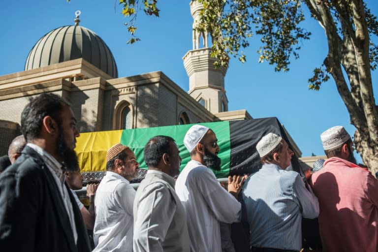 The coffin of South African anti-apartheid activist Ahmed Kathrada is carried to Masjidul Furkaan in Houghton during his wake on March 29, 2017