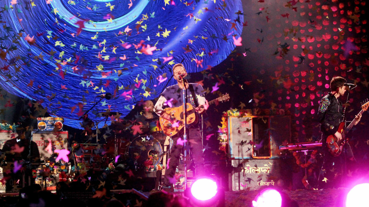 Singer Chris Martin (c Front) of the British Rock Band Coldplay Perfoms on Stage During Their Concert in Santiago De Chile Chile 03 April 2016 the Performance is Part of Coldplay's Latin American Tour Named 'A Head Full of Dreams ' Chile Santiago De ChileChile Music - Apr 2016.