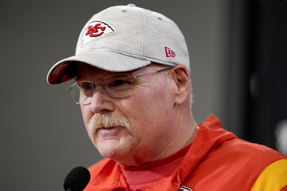 Kansas City Chiefs head coach Andy Reid talks to the media before an NFL football workout Thursday, Feb. 2, 2023, in Kansas City, Mo. The Chiefs are scheduled to play the Philadelphia Eagles in Super Bowl LVII on Sunday, Feb. 12, 2023. (AP Photo/Charlie Riedel)