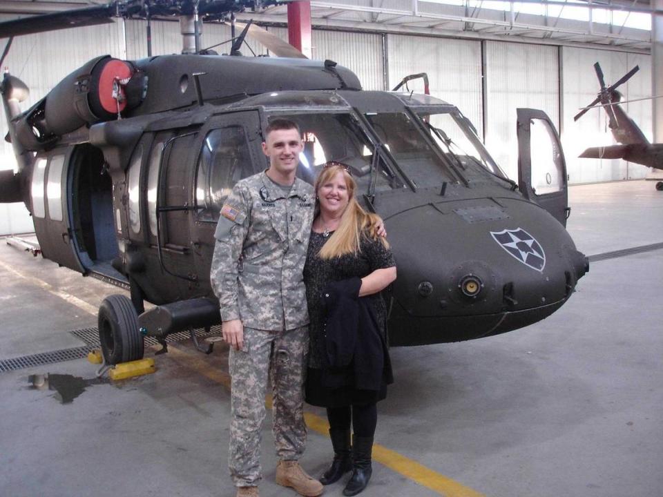 Shane Barnes and his mother, Kelly, are seen in 2015 at Fort Rucker, Ala., where Barnes attended flight school before deploying to South Korea as a Black Hawk helicopter pilot. Barnes was among five killed in a crash during a training exercise over the Mediterranean Sea on Friday, Nov. 10, 2023.