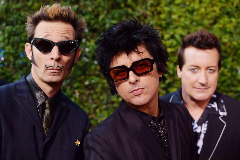 <p> Matt Winkelmeyer/Getty </p> Mike Dirnt, Billie Joe Armstrong and Tré Cool of Green Day in Los Angeles in November 2019