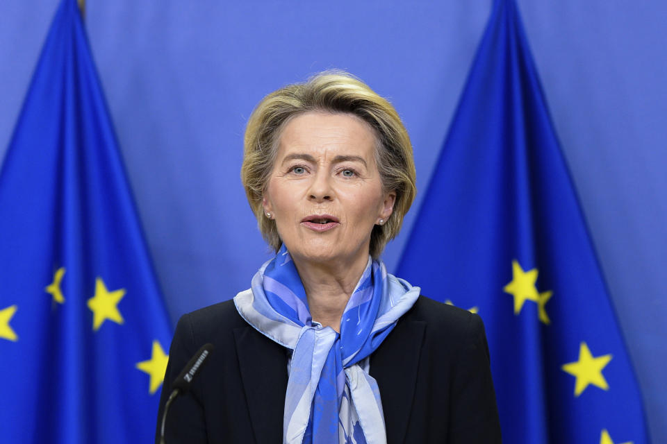European Commission President Ursula von der Leyen delivers a statement on the marketing authorization of the Pfizer-BioNTech vaccine against COVID-19 at EU headquarters in Brussels, Monday, Dec. 21, 2020. The European Union on Monday gave official approval for the coronavirus vaccine developed by BioNTech and Pfizer to be used across the 27-nation bloc, raising hopes that countries can begin administering the first shots to their citizens shortly after Christmas. (Johanna Geron, Pool via AP)
