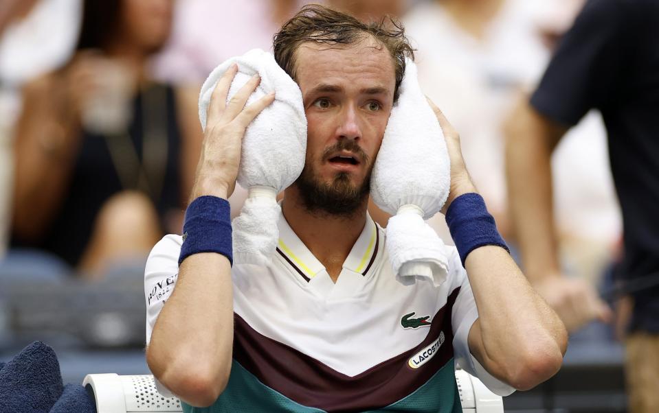 Daniil Medvedev of Russia cools down between games against Andrey Rublev of Russia during their Men's Singles Quarterfinal match on Day Ten of the 2023 US Open at the USTA Billie Jean King National Tennis Center on September 06, 2023 in the Flushing neighborhood of the Queens borough of New York City