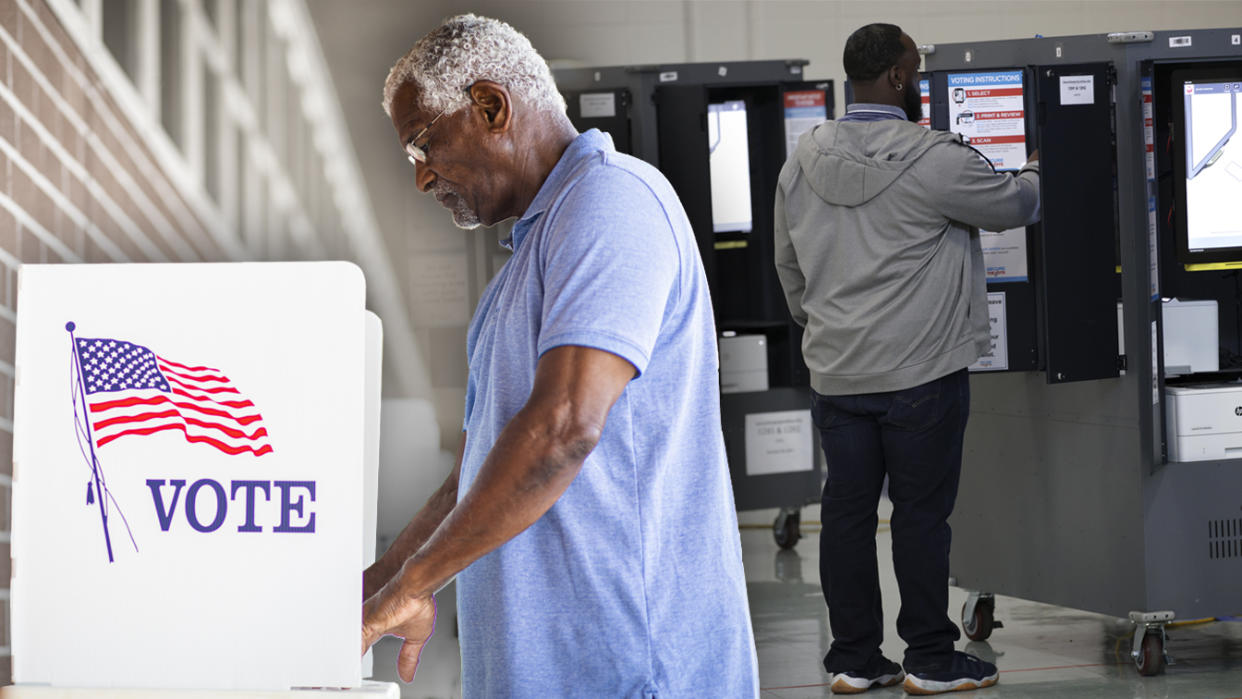 Black men voting at election booths. 
