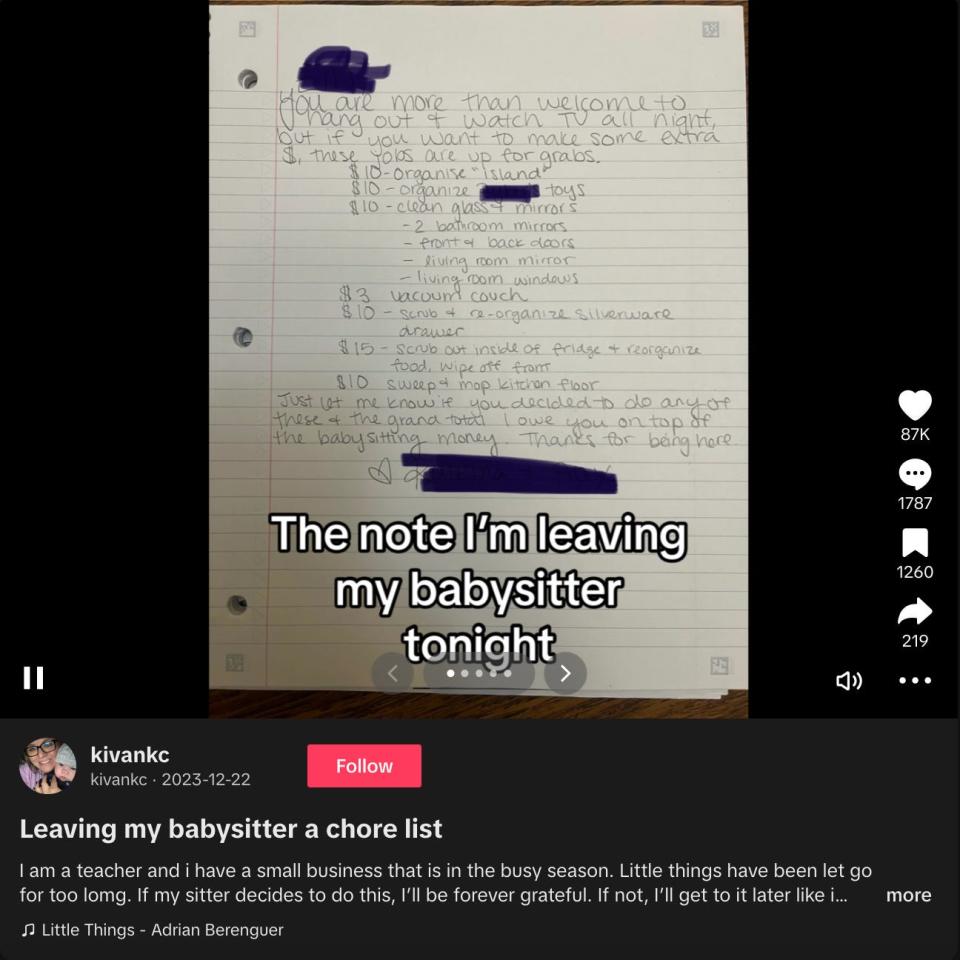 Screenshot of mother's TikTok video sharing chore list for babysitter.