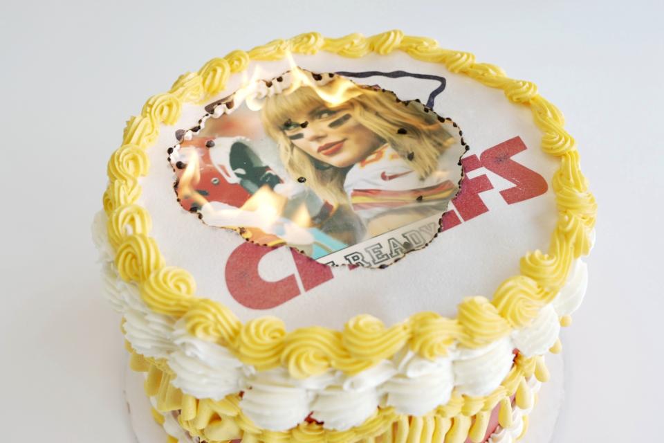 A Taylor Swift/Kansas City Chiefs-themed "burn away cake" is displayed in Coon Rapids, Minn., Monday, Feb. 5, 2024. Maddie Schmitz, owner of Something Sweet by Maddie Lu, created the Swift/Travis Kelce cakes just in time for NFL football's upcoming Super Bowl. (AP Photo/Mark Vancleave)