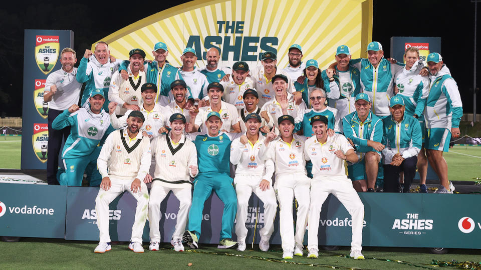 Australian players and support staff, pictured here celebrating their Ashes series triumph. 