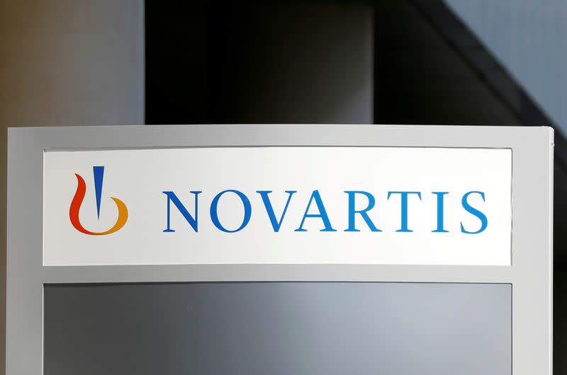 FILE PHOTO: The logo of Swiss drugmaker Novartis is pictured at the French company's headquarters in Rueil-Malmaison