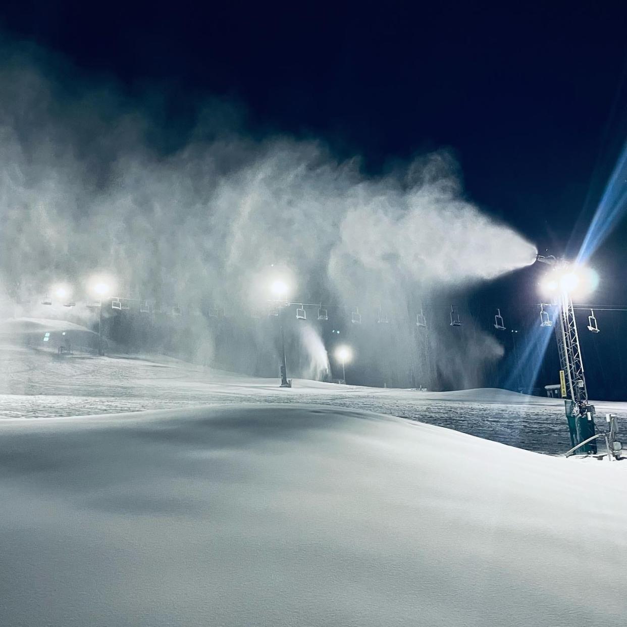 Snow guns blanket the slopes at Swiss Valley Ski & Snowboard Area in Jones this past weekend to prepare for opening.
