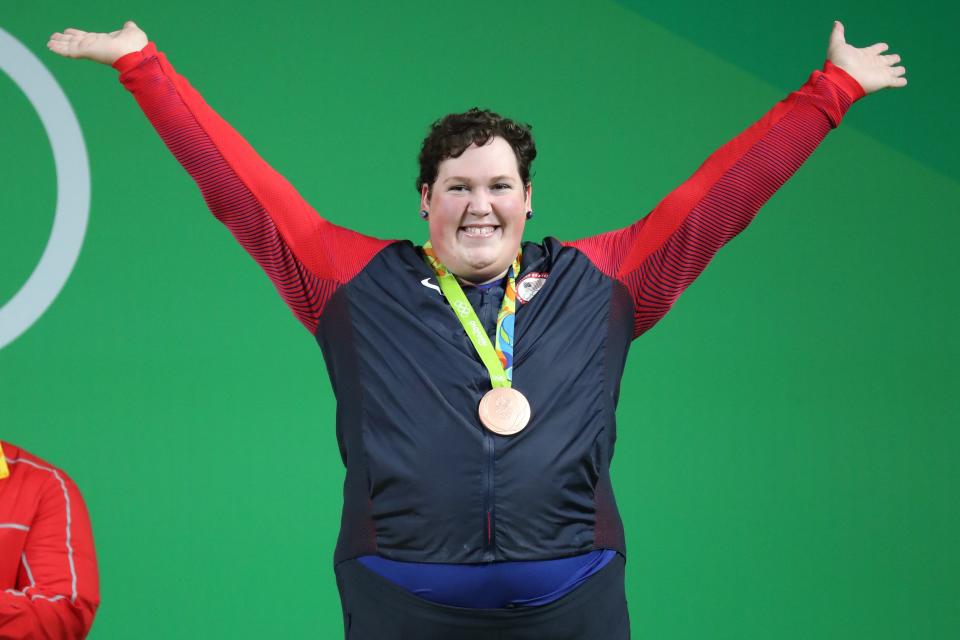 Sarah Robles celebrates after winning a bronze medal during the 2016 Rio Summer Olympic Games.