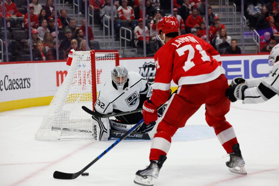 Red Wings center Dylan Larkin looks to shoot on Kings goaltender Jonathan Quick in overtime of the Red Wings' 5-4 overtime loss on Monday, Oct. 17, 2022, at Little Caesars Arena.