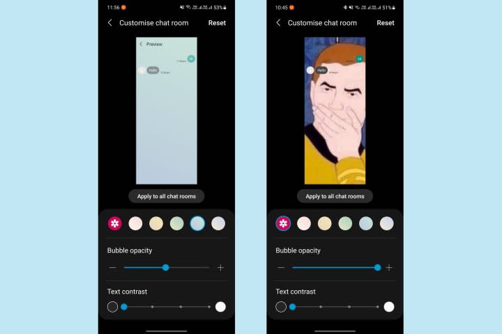 Samsung Message chat customization features against a light blue background.