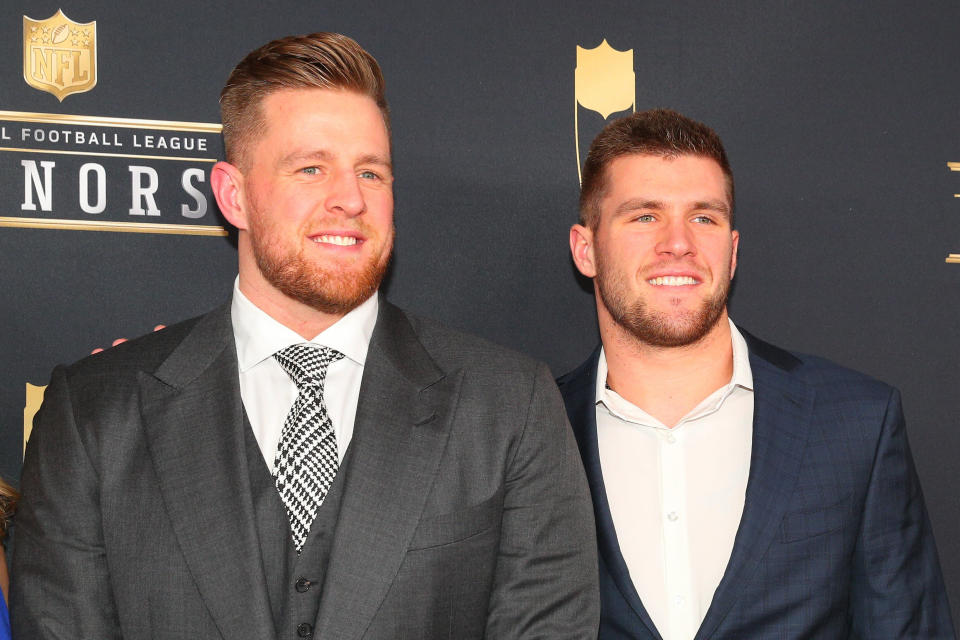 MINNEAPOLIS, MN - FEBRUARY 03:   JJ Watt and his brother TJ Watt pose for Photographs on the Red Carpet at NFL Honors during Super Bowl LII week on February 3, 2018, at Northrop at the University of Minnesota in Minneapolis, MN.  (Photo by Rich Graessle/Icon Sportswire via Getty Images)