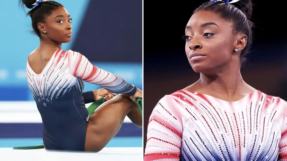 Simone Biles is seen here competing at the Tokyo Olympics. 