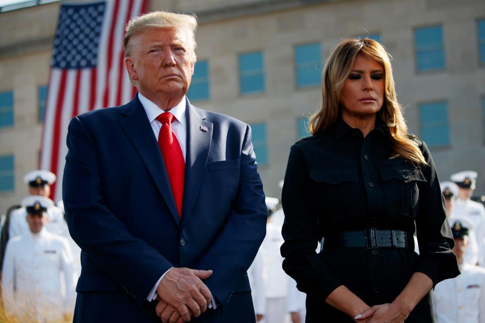 President Donald Trump and first lady Melania Trump participate in a moment of silence honoring the victims of the Sept. 11 terrorist attacks, Wednesday, Sept. 11, 2019, at the Pentagon.