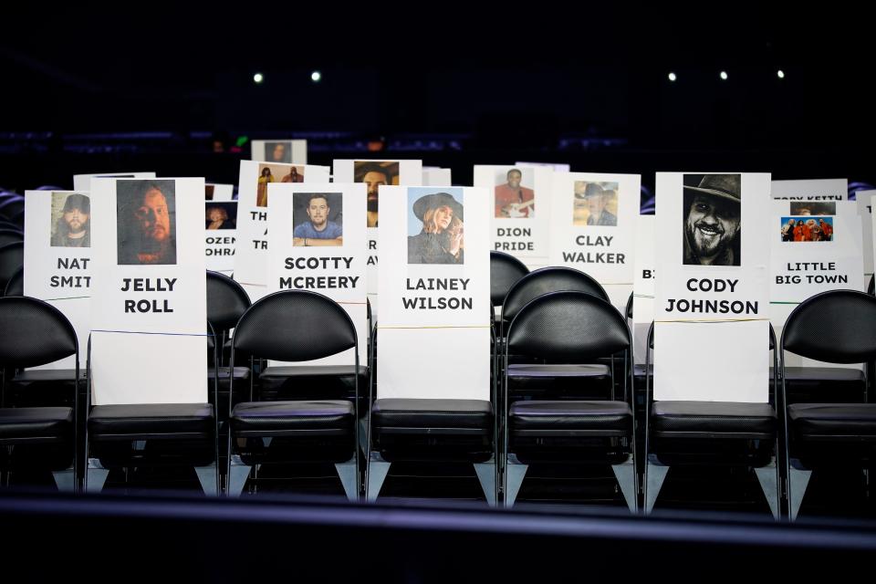 Seat markers rest on seats during rehearsals before the 59th Academy of Country Music Awards at the Ford Center at The Star in Frisco, Texas., Tuesday, May 14, 2024.