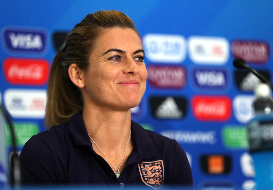 England Women's Karen Carney during a press conference at the Stade de Nice. (Photo by Richard Sellers/PA Images via Getty Images)