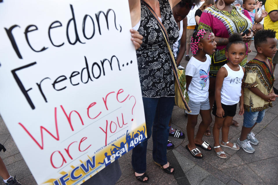 J'Adore Herbert, 5, center is seen during a protest on Saturday, July 9, 2016 in Washington, DC.&nbsp;