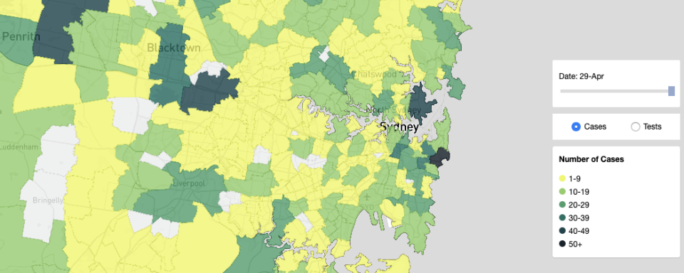 A map showing the number of cases in Sydney suburbs. When users hover over each postcode, data is revealed for how many active cases remain. Source: NSW Government