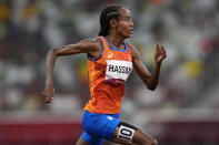 Sifan Hassan, of the Netherlands, runs to the finish line to win the women's 5,000-meters final at the 2020 Summer Olympics, Monday, Aug. 2, 2021, in Tokyo. (AP Photo/Francisco Seco)