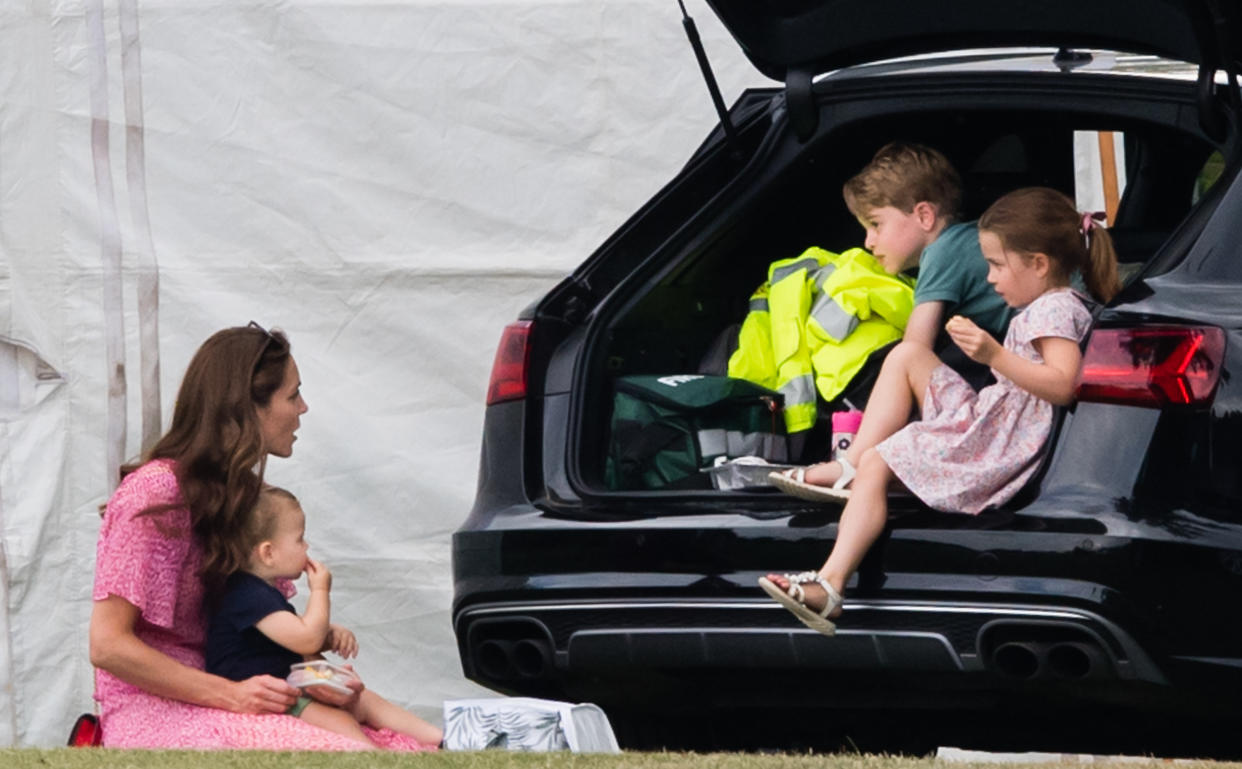 WOKINGHAM, ENGLAND - JULY 10: Catherine, Duchess of Cambridge, Prince Louis, Prince George and Princess Charlotte attend The King Power Royal Charity Polo Day at Billingbear Polo Club on July 10, 2019 in Wokingham, England. (Photo by Samir Hussein/WireImage)