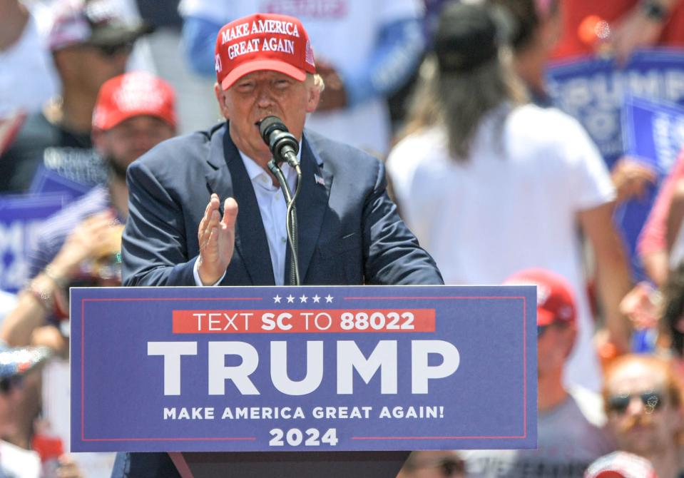 Former U.S. President Donald J. Trump speaks during a campaign stop on Main Street in downtown Pickens, S.C. Saturday, July 1, 2023. 