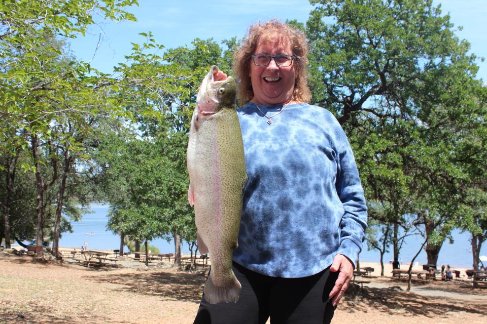 Silvia Michalek won first place in the adult division of the NorCal Trout Anglers’s Challenge event at Collins Lake on May 7 by landing this 7.78-pound rainbow trout.
