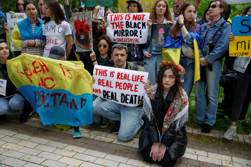 FILE PHOTO: Rally to demand an extraction operation for defenders of Azovstal, outside the Chinese embassy, in Kyiv