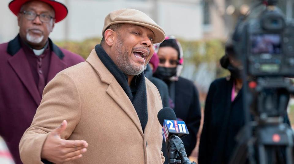 Rod Wilson Interim Executive Director, United Congress of Community and Religious Organizations, speaks outside of the Federal Courthouse in East St. Louis.  Wilson and others gave an update on the lawsuit filed earlier this month in federal court challenging Illinois lawmakers and officials on a state redistricting map (SB 927).