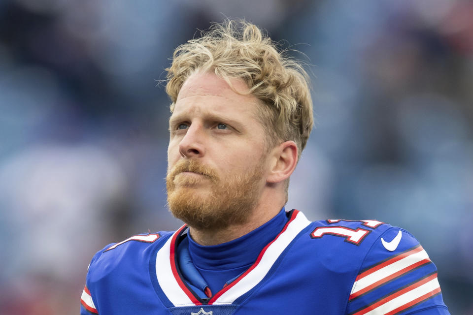 FILE - Buffalo Bills wide receiver Cole Beasley is shown before an NFL football game against the indianapolis Colts, Sunday, Nov. 21, 2021, in Orchard Park, N.Y. Bills coach Sean McDermott is more focused on figuring out ways to beat New England this weekend, than worry about receiver Cole Beasley -- the team's most vocal vaccination critic -- missing a key late-season AFC East showdown after testing positive for COVID-19. (AP Photo/Jeff Lewis, File)