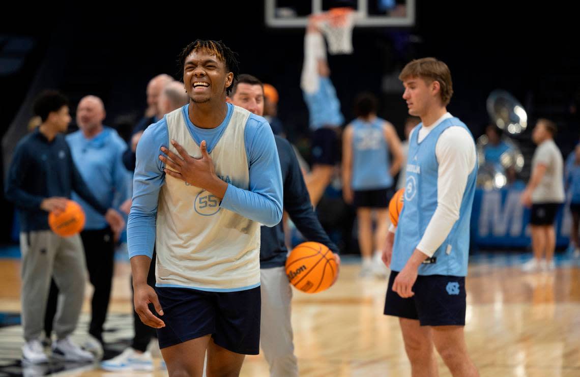 North Carolina’s Harrison Ingram (55) laughs at the conclusion of the Tar Heels’ practice on Wednesday, March 20, 2024 as they prepare for the NCAA Tournament at Spectrum Center in Charlotte, N.C. Robert Willett/rwillett@newsobserver.com