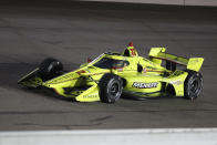 Simon Pagenaud, of France, drives during an IndyCar Series auto race Friday, July 17, 2020, at Iowa Speedway in Newton, Iowa. (AP Photo/Charlie Neibergall)