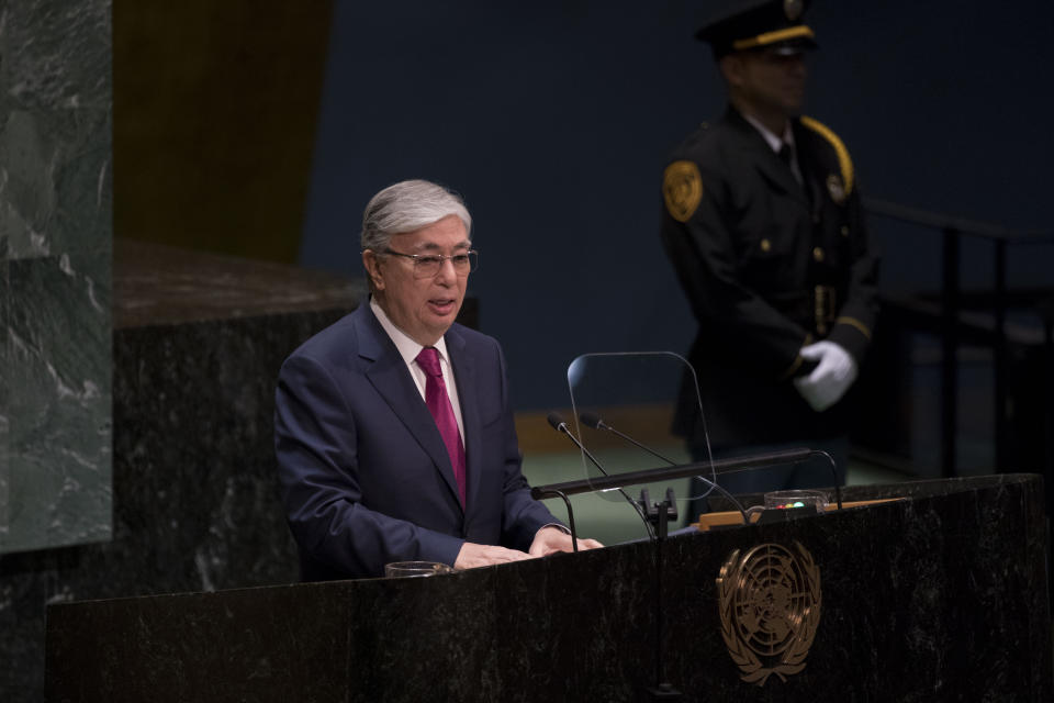 El presidente kazajo, Kasim-Yomart Tokaev, pronuncia un discurso en la sede de las Naciones Unidas en Nueva York, el 24 de septiembre de 2019. (Dave Sanders/The New York Times)