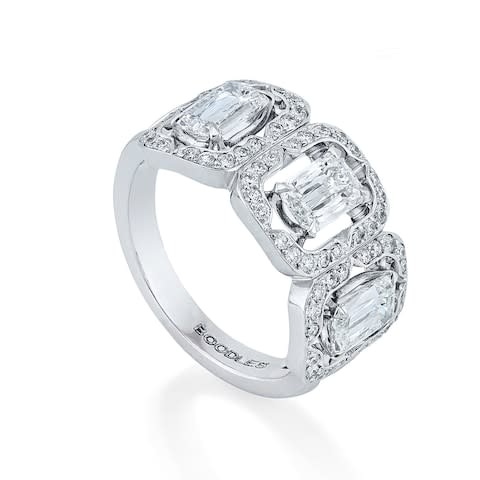 Boodles Mosaic three-stone Ashoka diamond ring in platinum with diamonds