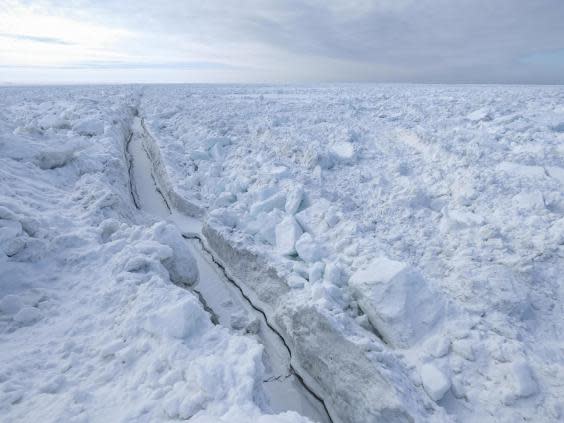 A break forms in the Arctic Ocean ice beyond Utqiagvik, Alaska, near the northernmost point in the US (Bonnie Jo Mount)