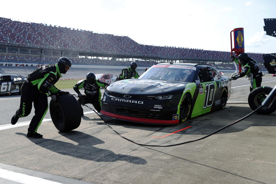 Ross Chastain (10) gets service in the pits during a NASCAR Xfinity auto race at Talladega Superspeedway in Talladega Ala., Saturday, June 20, 2020. (AP Photo/John Bazemore)