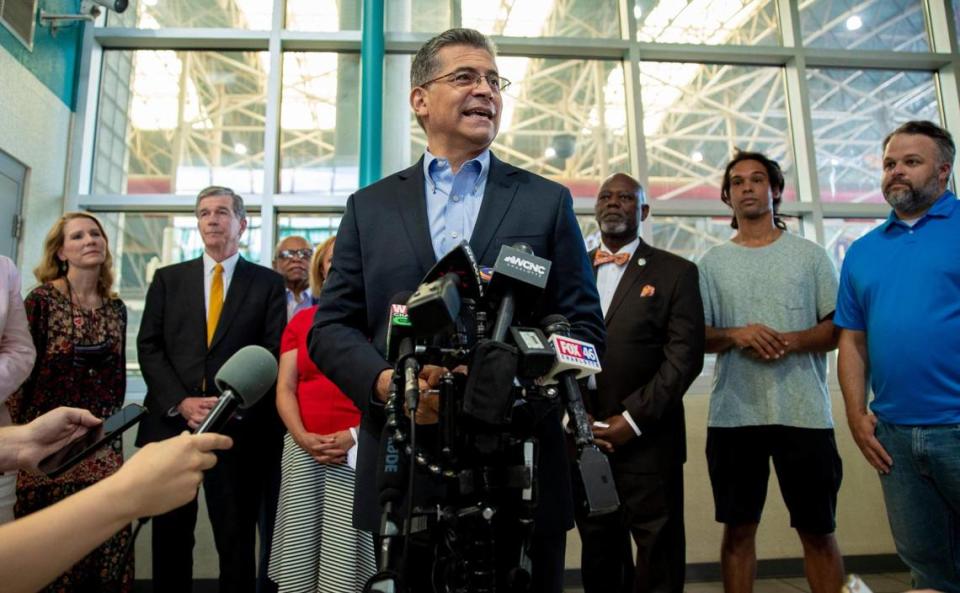 U.S. Department of Health and Human Services Secretary Xavier Becerra visited Charlotte Wednesday to encourage COVID-19 vaccinations.