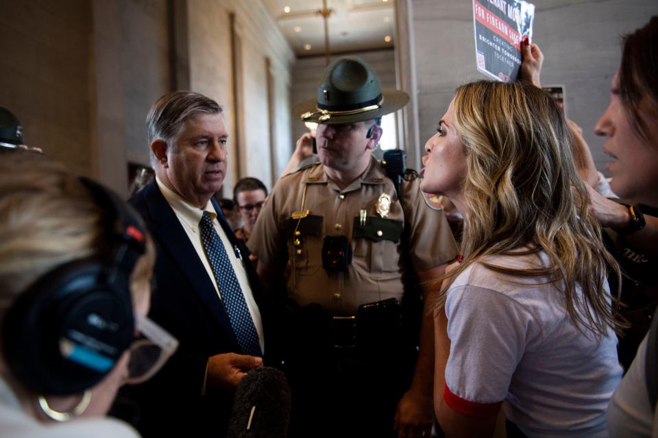 Johnny Ellis, Nashville attorney argues with Mary Joyce, Covenant parent, following the last day of a legislative session on public safety in Nashville, Tenn., on Tuesday, August 29, 2023.