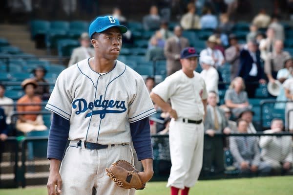 Chadwick Boseman as Jackie Robinson in "42."