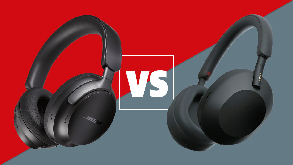  The Bose QuietComfort Ultra Headphones and Sony WH-1000XM5 headphones both in black with a 'versus' sign between them. The background is split in half diagonally – the left side is red, the right side grey. 