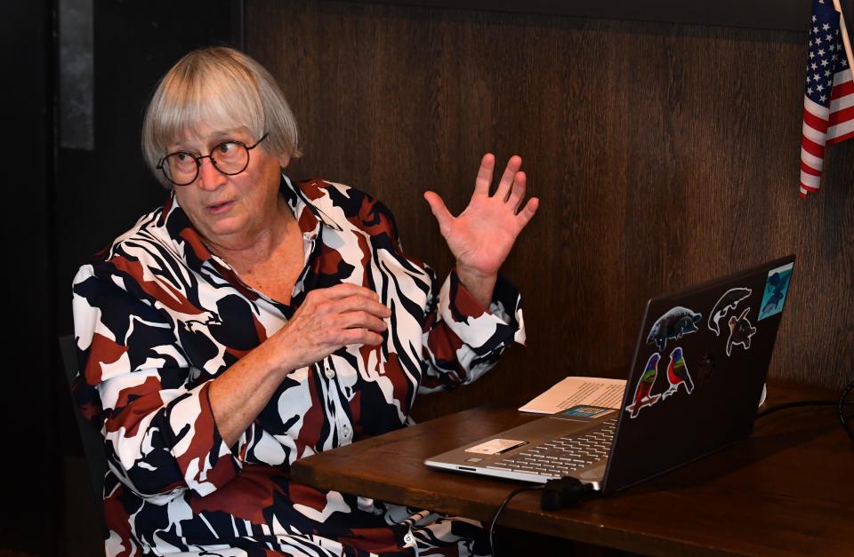 Laurilee Thompson, co-owner and operator of the Dixie Crossroads restaurant in Titusville, gives a presentation to the Titusville Rotary Club about the history of the city and the effect of spaceport expansion on the Indian River Lagoon. She was named Restaurateur of the Year on Tuesday by the Florida Restaurant and Lodging Association.