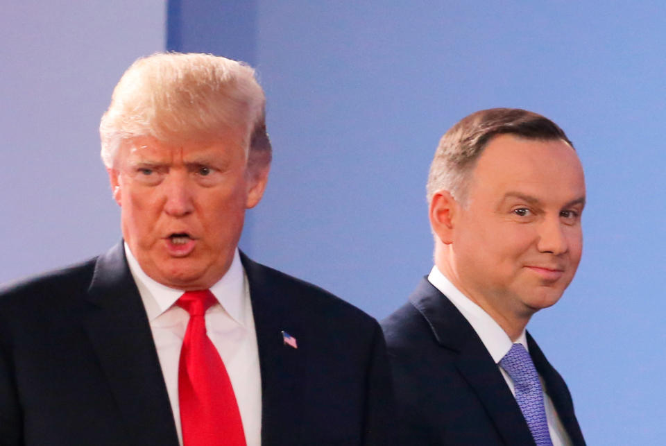 Trump and Duda arrive to hold a joint news conference.&nbsp;