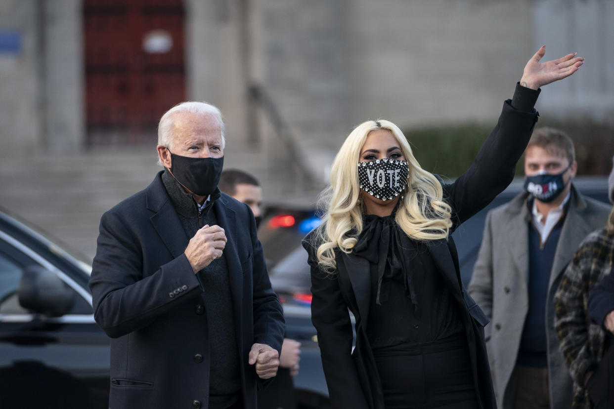 Joe Biden and Lady Gaga greet college students at Schenley Park on November 02, 2020 in Pittsburgh, Pennsylvania. (Photo by Drew Angerer/Getty Images)
