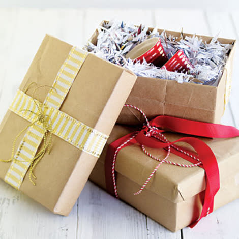 Paper bags, fabric remnants, and magazine pages become gift wrap