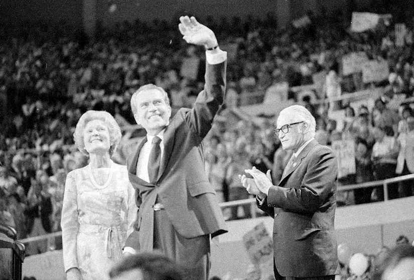 May 1974: President Richard Nixon waves to the crowd at Phoenix's Veterans Memorial Coliseum. He appears onstage with his wife, Pat, and Sen. Barry Goldwater, R-Ariz.